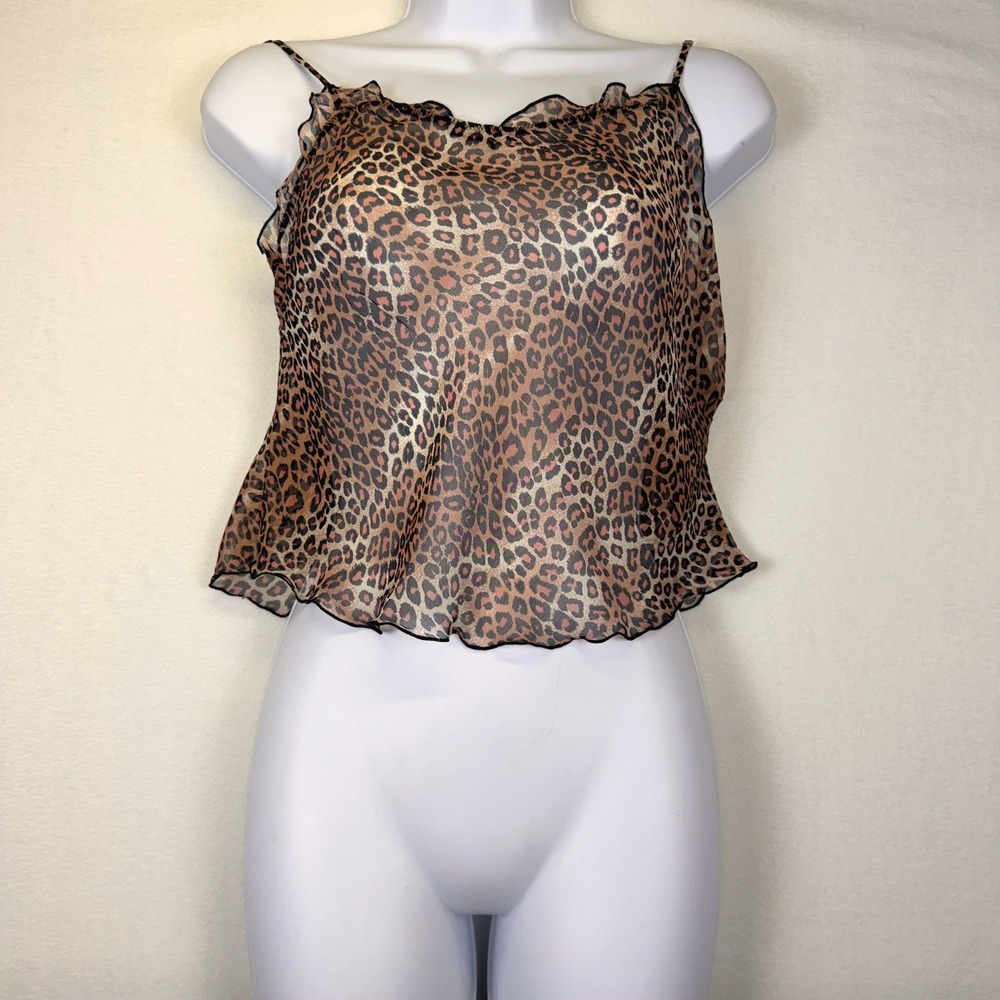 VTG Magic Silk 100% Silk Leopard Print Sheer Camisole Lettuce Edge Sz L MobWife